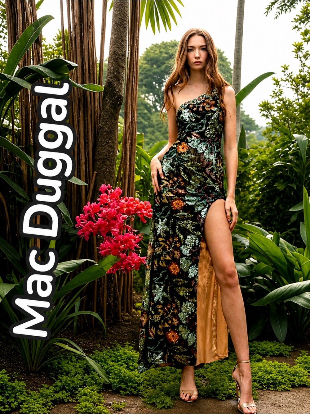 Mac Duggal Green, Black and Orange Tropical and Floral Sequin, Backless Dress